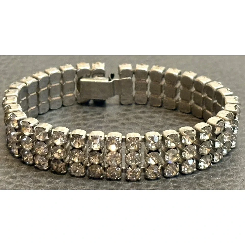 VTG Rhinestone Bracelet Silver Tone 3 Rows Art Deco - MCM Era Sparkly